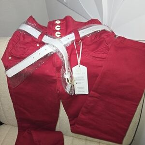 Women's Red Jeans with White Belt